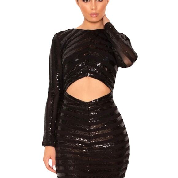 House of CB Dresses & Skirts - House of CB Mini Dress Black Sequin Long Sleeve Backless Cut out Front